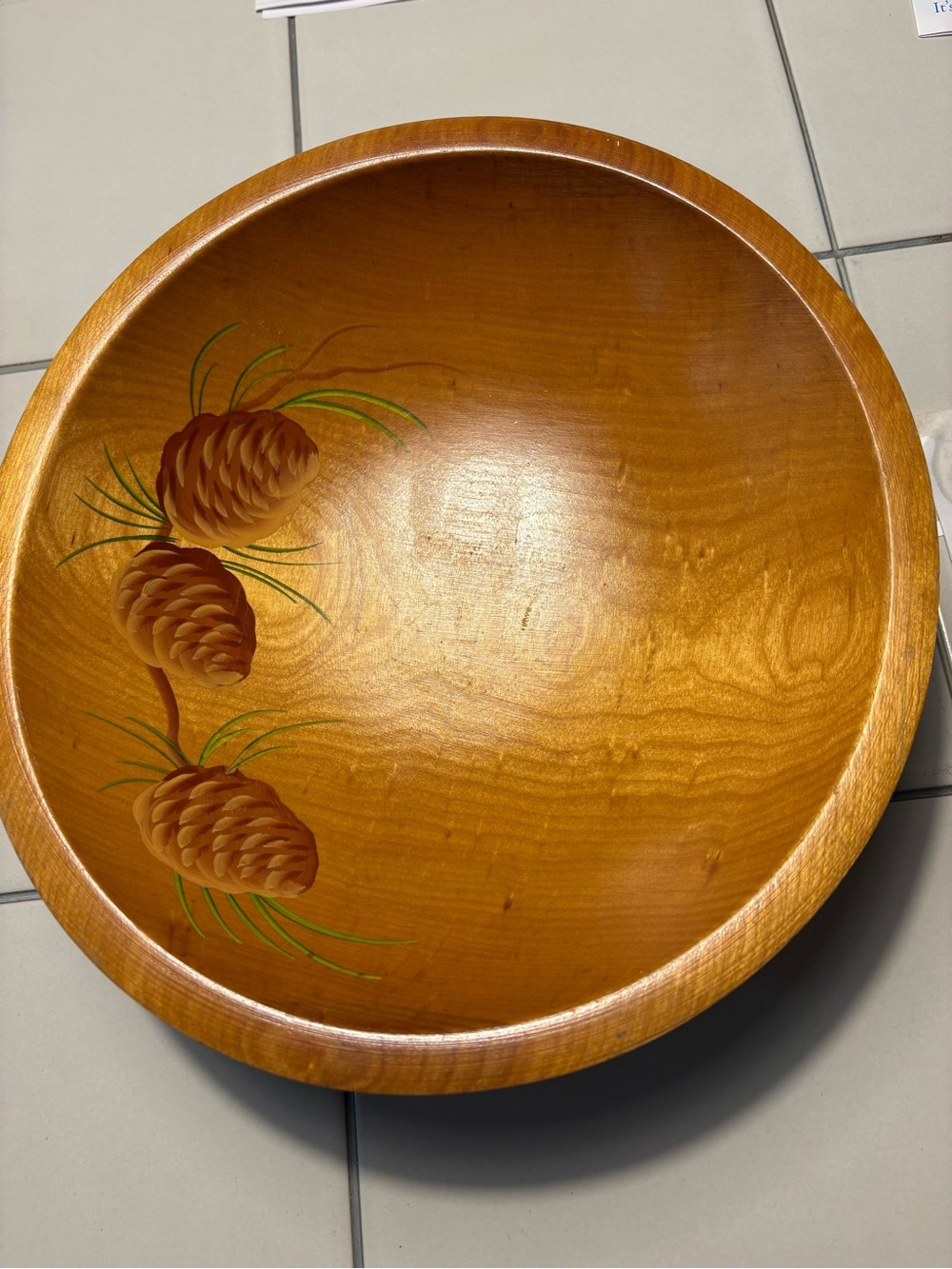 Hand-Painted Pinecone Wooden Serving Bowl — Warm Brown